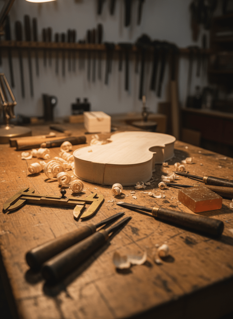 A focused, photographic close-up of a traditional luthier’s workbench, its aged beech surface marked with subtle knife cuts and varnish stains. At the center rests an unfinished wooden string instrument body, its pale spruce top delicately carved, fine wood shavings curling around it like soft ribbons. Vintage brass calipers, small chisels with worn handles, and a block of amber-colored rosin are carefully placed nearby. Warm, directional lamp light from the upper left creates dramatic yet gentle side lighting, emphasizing the wood’s grain and tool textures while casting soft shadows. Shot with a shallow depth of field at a low angle, the background fades into a tasteful blur of hanging tools and timber, creating an intimate, sophisticated atmosphere of craftsmanship.