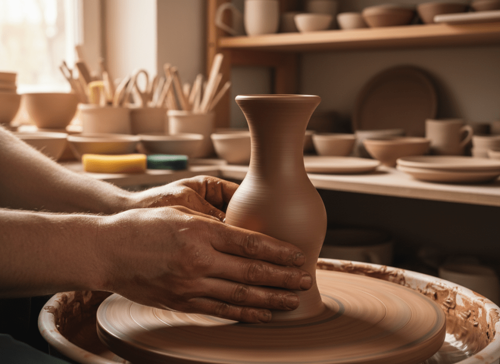 Realistic photograph of a ceramics workshop: close-up of a potter’s hands shaping a clay vessel on a spinning pottery wheel, wet clay, visible motion blur of the wheel, natural warm light, shelves with tools and finished ceramics softly blurred in the background, artistic but documentary style.