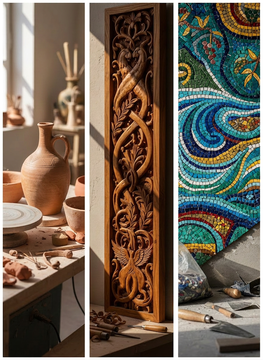 gallery-artworks-ceramics-wood-mosaic Artistic close-up images representing traditional Greek-inspired ceramic pottery, detailed woodcarving, and colorful mosaic patterns in a contemporary cultural workshop environment, matching the existing Cultural Neighborhood photography style (soft lighting, warm tones, clean composition). No text, no logos.